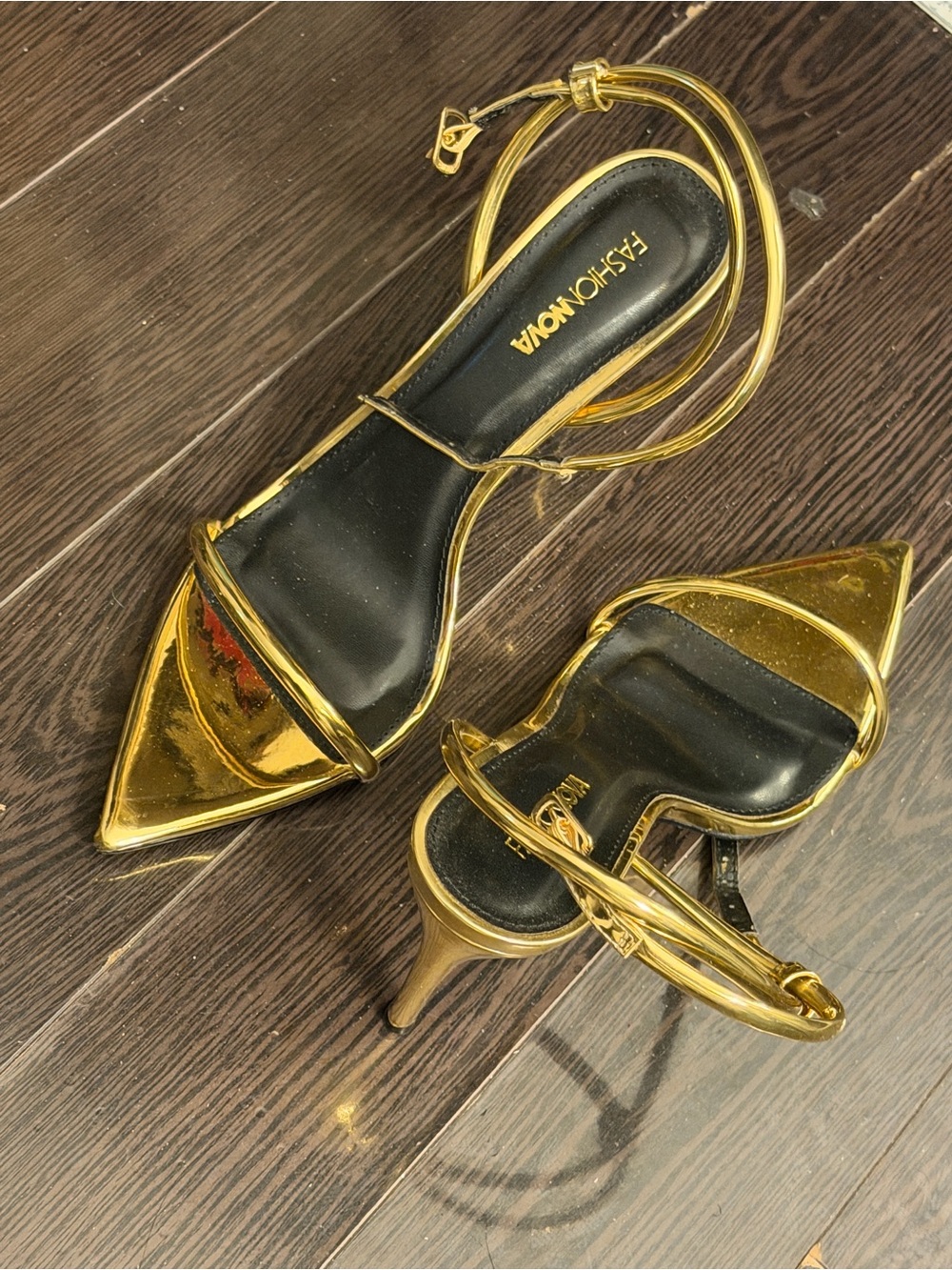 Fashion Nova Gold Pointed Toe Ankle Strap Heels